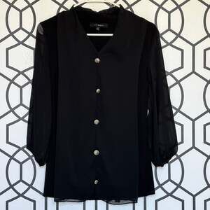 Liz McCoy Black Blouse with Sheer Patterned Sleeves Embellished Buttons Size M